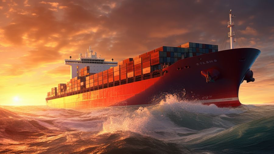 De pham Adobe: https://stock.adobe.com/br/contributor/211205003/pham?load_type=author&prev_url=detail - Navio de carga em alto mar com por do sol ao fundo