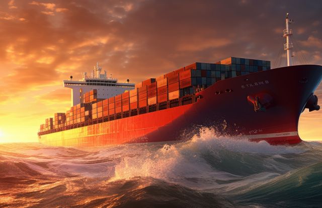 De pham Adobe: https://stock.adobe.com/br/contributor/211205003/pham?load_type=author&prev_url=detail  - Navio de carga em alto mar com por do sol ao fundo