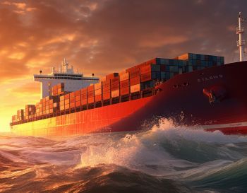 De pham Adobe: https://stock.adobe.com/br/contributor/211205003/pham?load_type=author&prev_url=detail  - Navio de carga em alto mar com por do sol ao fundo